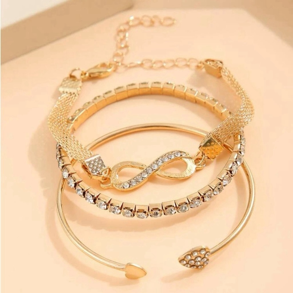 ⚠️Clearance 3pcs Yellow Gold Rhinestone & Infinity Decor Bangle Bracelets SS - Picture 3 of 3